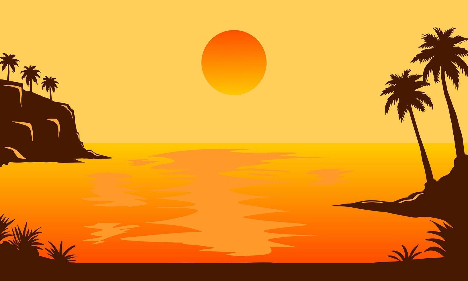 Sunset, sea beach and sun, ocean sunrise, palms vector