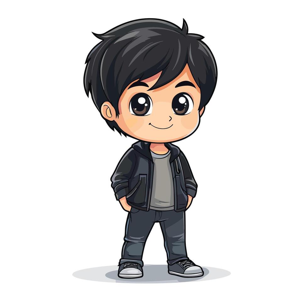 illustration of a kid wear black jacket and grey t-shirt vector