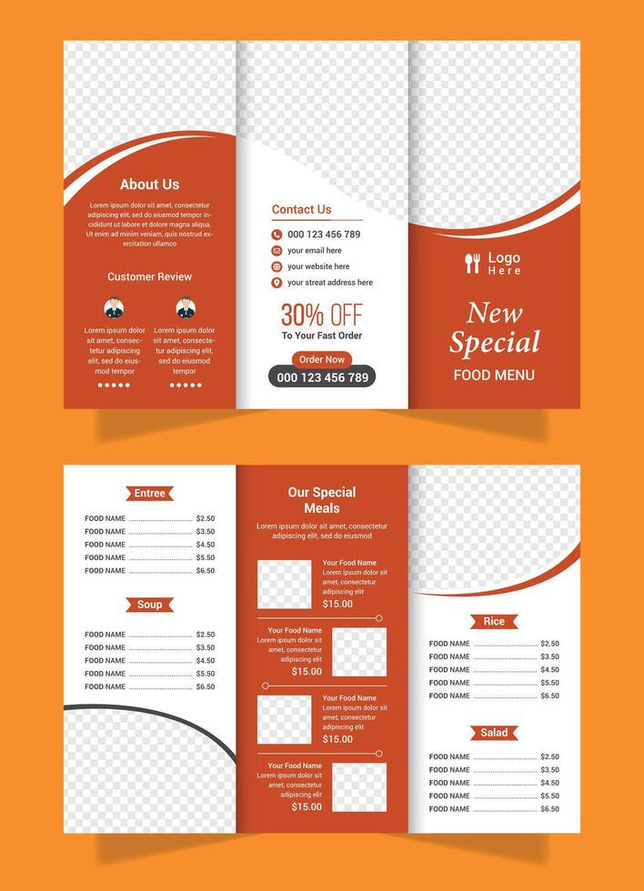 Restaurant trifold food menu pamphlet food delivery brochure design template. Fast-food healthy meal delicious food, dessert trifold design in A4 size print ready template. vector