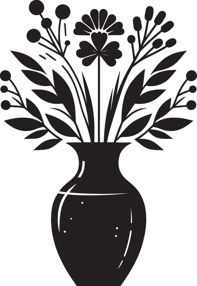 Black and white illustration of a vase with flowers vector