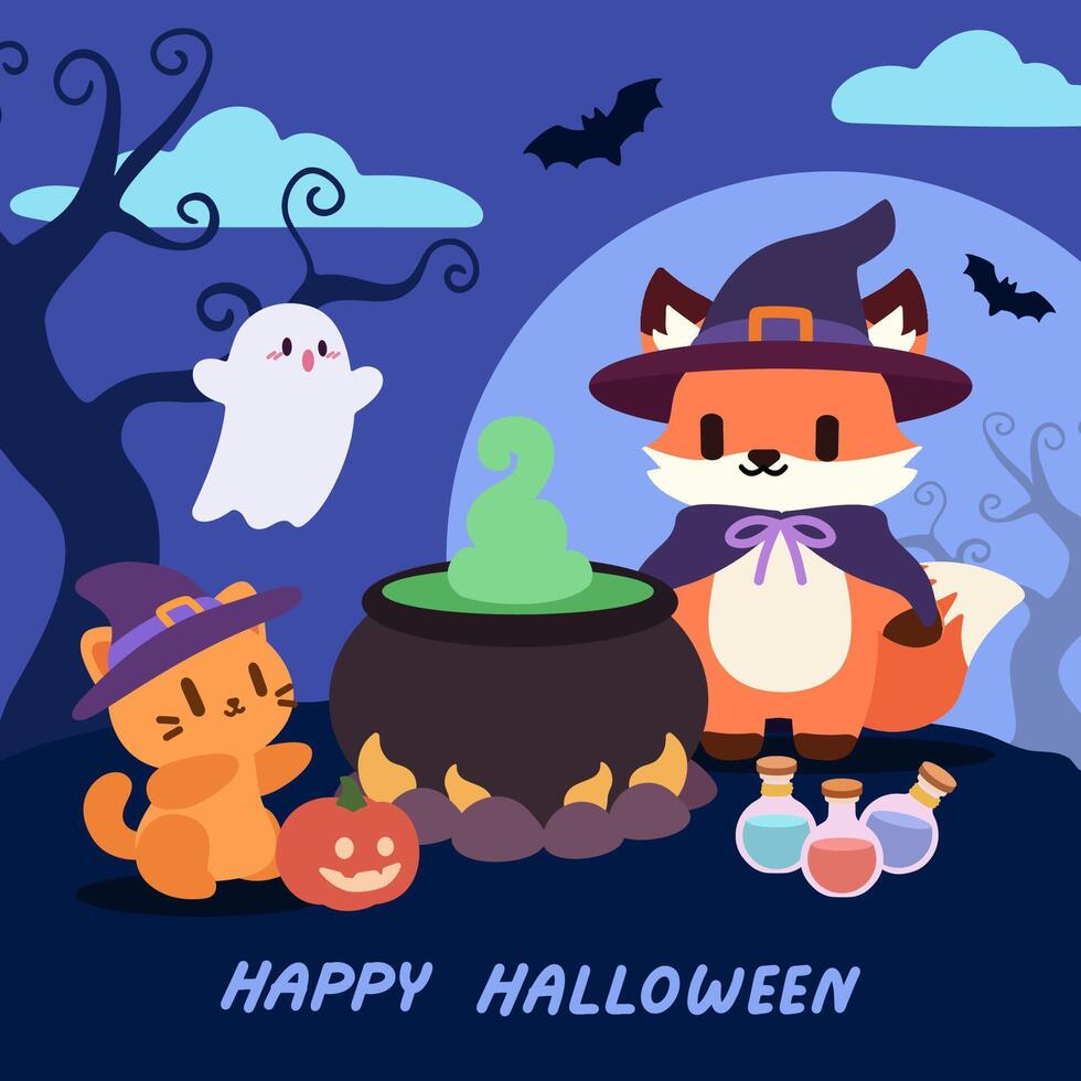 Kawaii Fox and Cat in Witch Costumes. Halloween Potion Brewing Scene. Adorable Fox Witch and Cat with Cauldron. Happy Halloween with Witch Fox, Ghost, and Cat. Cute Halloween Illustration. vector