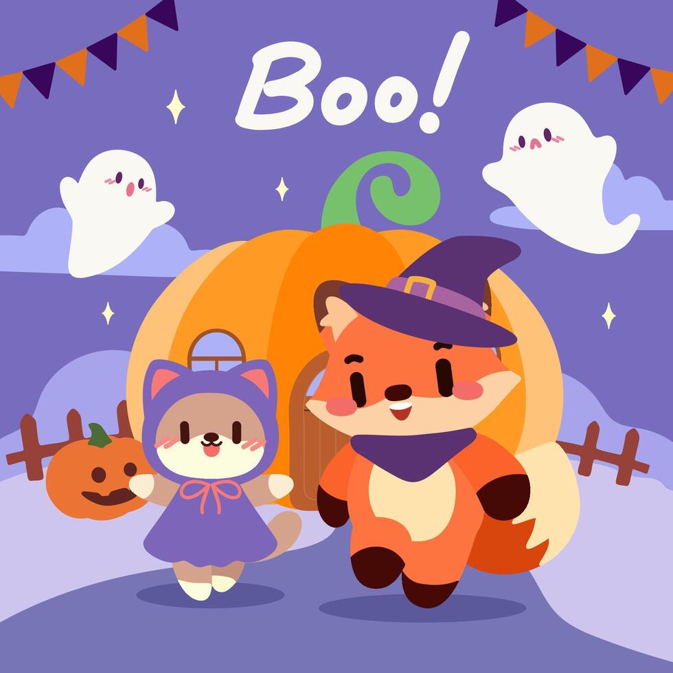 Kawaii Halloween Fox and Cat Characters with Ghosts and Pumpkins. Cute Halloween Illustration with Fox, Cat, and Spooky Ghosts. Adorable Halloween Scene. vector