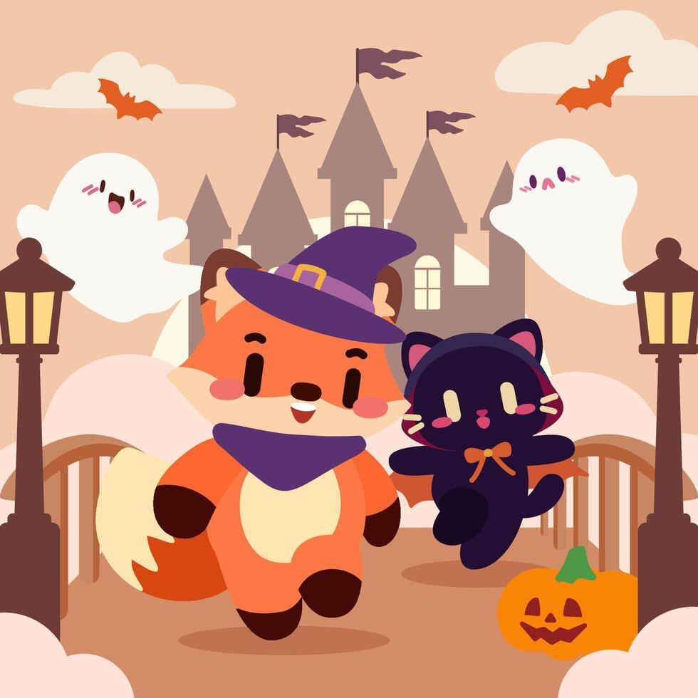 Fox and Cat in Halloween Costumes. Castle Adventure with Ghosts. Kawaii Fox and Cat at Haunted Castle. Cute Halloween Scene. vector