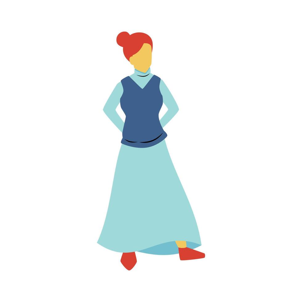 Girl with hair bun using turtle neck and comfy dress in the middle of the winter vector