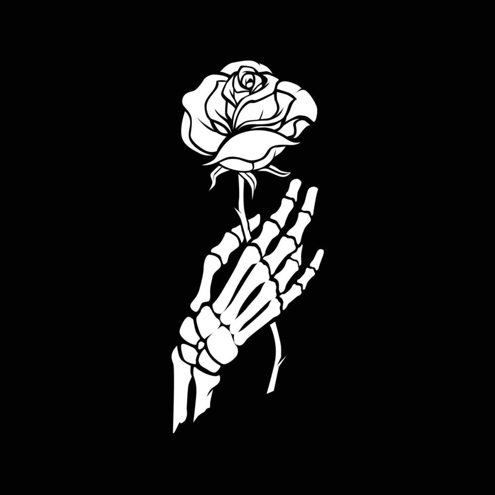 A skeleton hand holding a rose on a black background vector