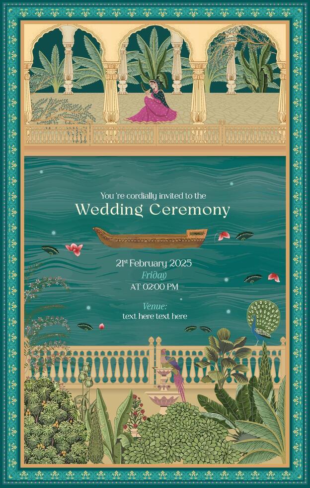 Indian Mughal wedding invitation design with floral patterns, a serene riverside scene with floating petals and a boat, a woman in traditional attire seated on an arched balcony, and lush greenery vector