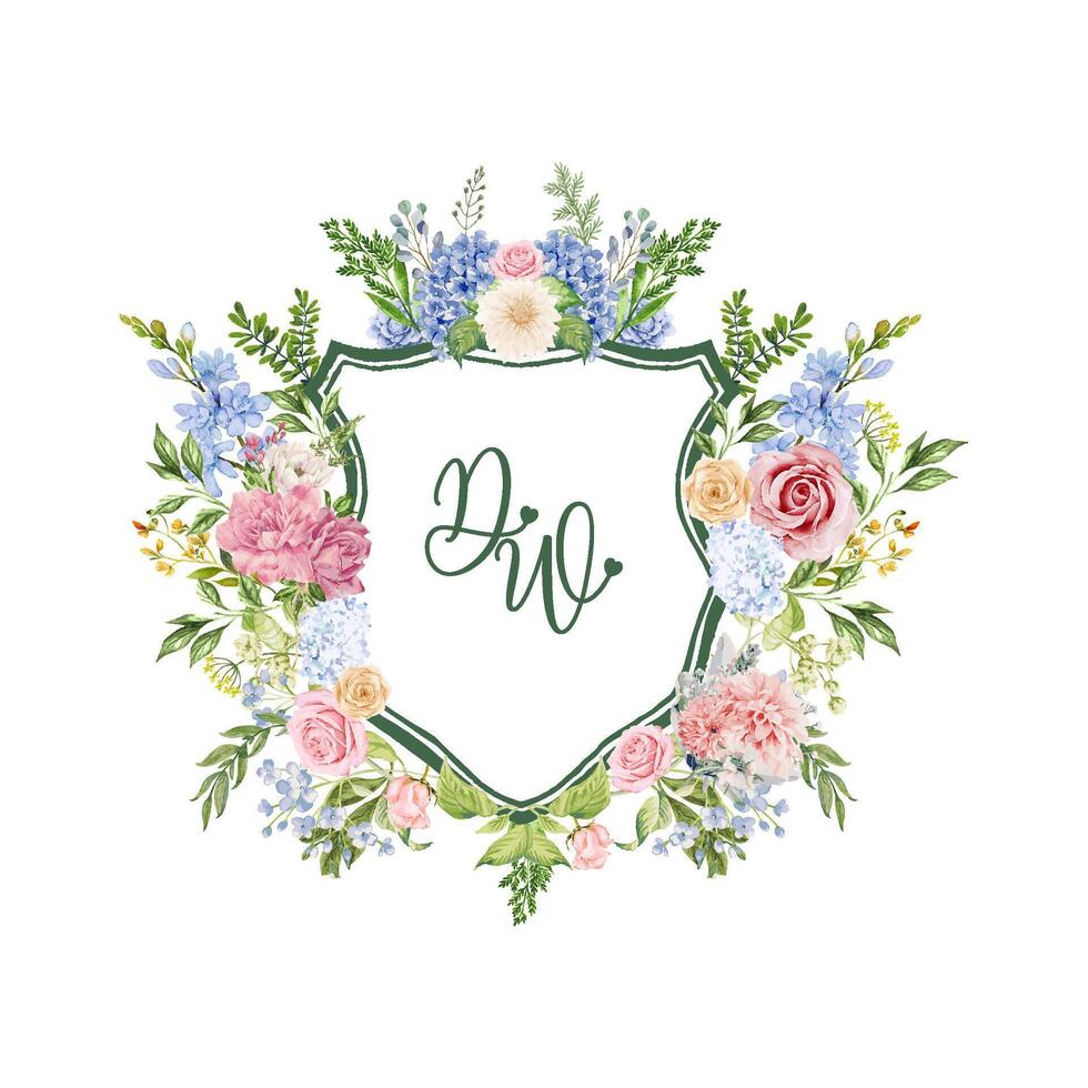 Watercolor floral wreath design with the initials DW in elegant script font, pastel-colored flowers such as roses, hydrangeas, peonies and greenery. vector