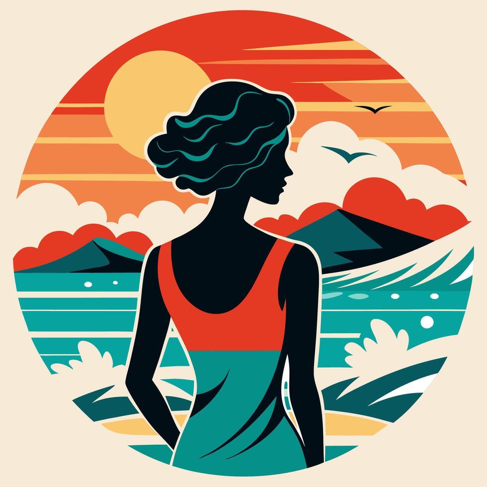 A woman in a dress standing on the beach with the ocean in the background vector