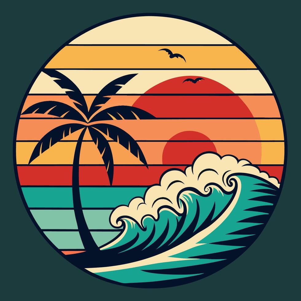 A retro style illustration of a palm tree and waves vector