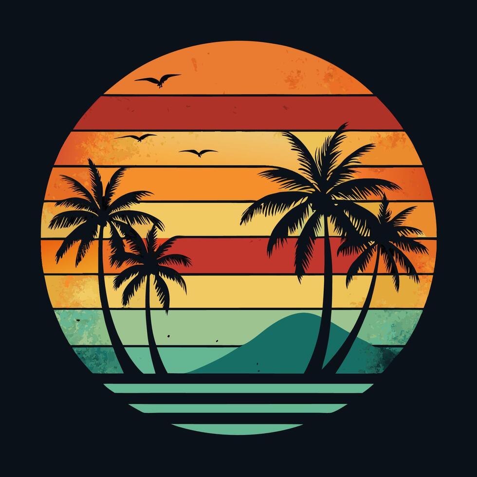 Retro style t - shirt with palm trees and sunset vector