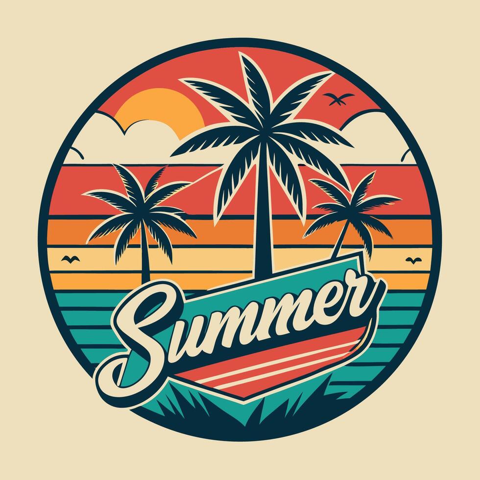 Retro summer logo with palm trees and sunset vector