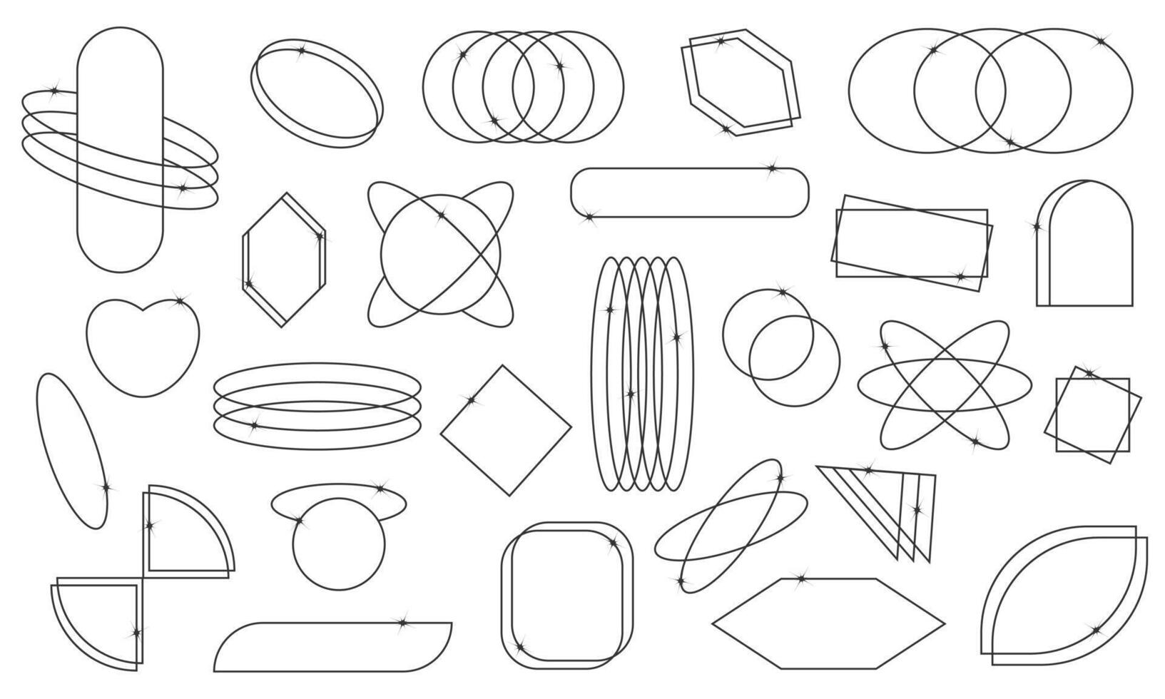 Set of Retro Geometric Shapes in Black 90s Style. Y2K Aesthetic Elements with Stars, Hearts, and Frames for Banners, Posters, and Stickers. illustration. vector