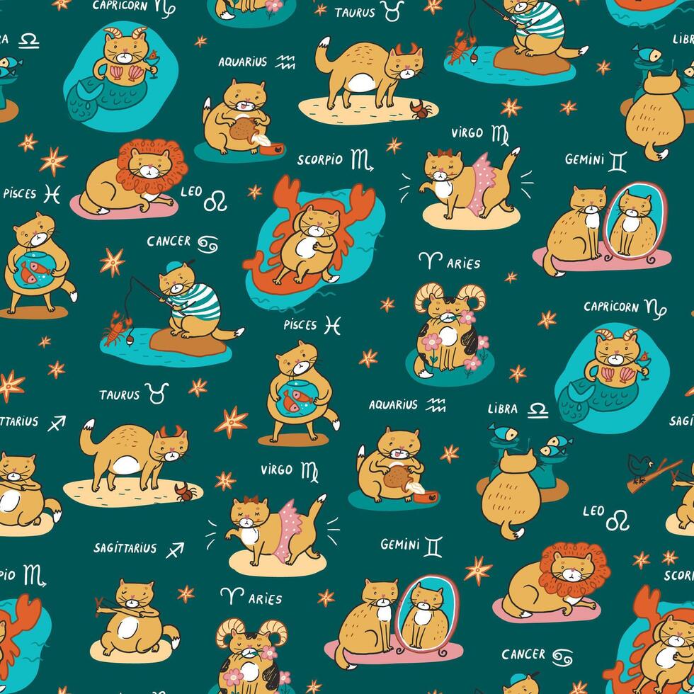 Cat zodiac astrology illustrations collection seamless pattern. vector