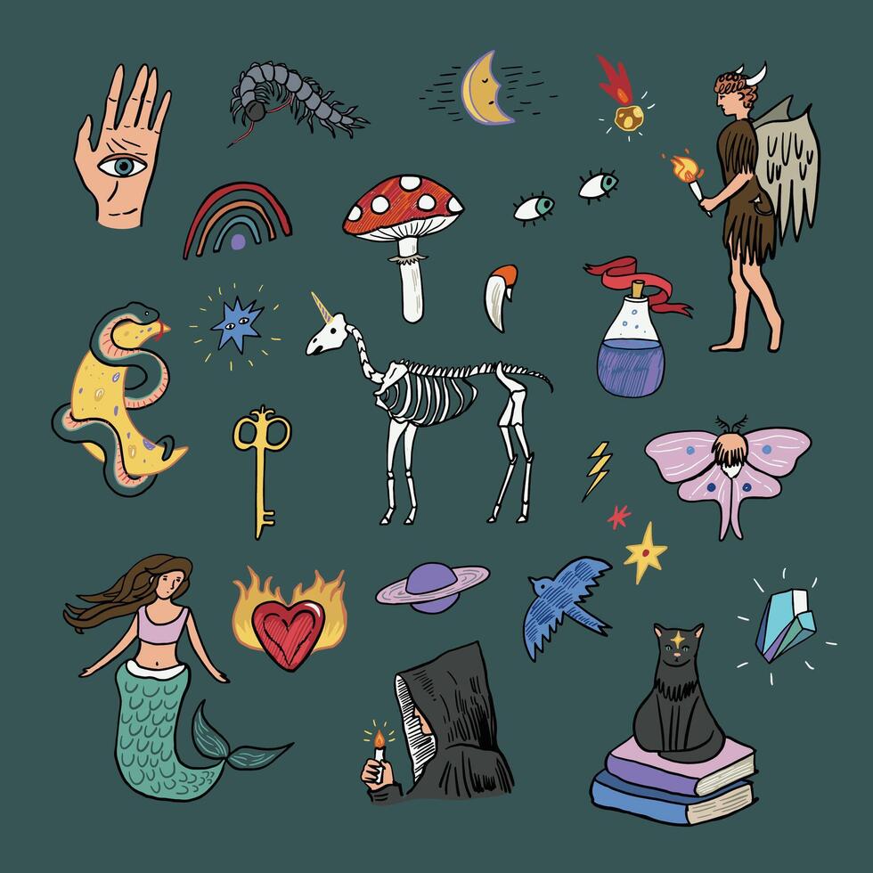 Mystical tale halloween illustrations with unicorn skull set. vector