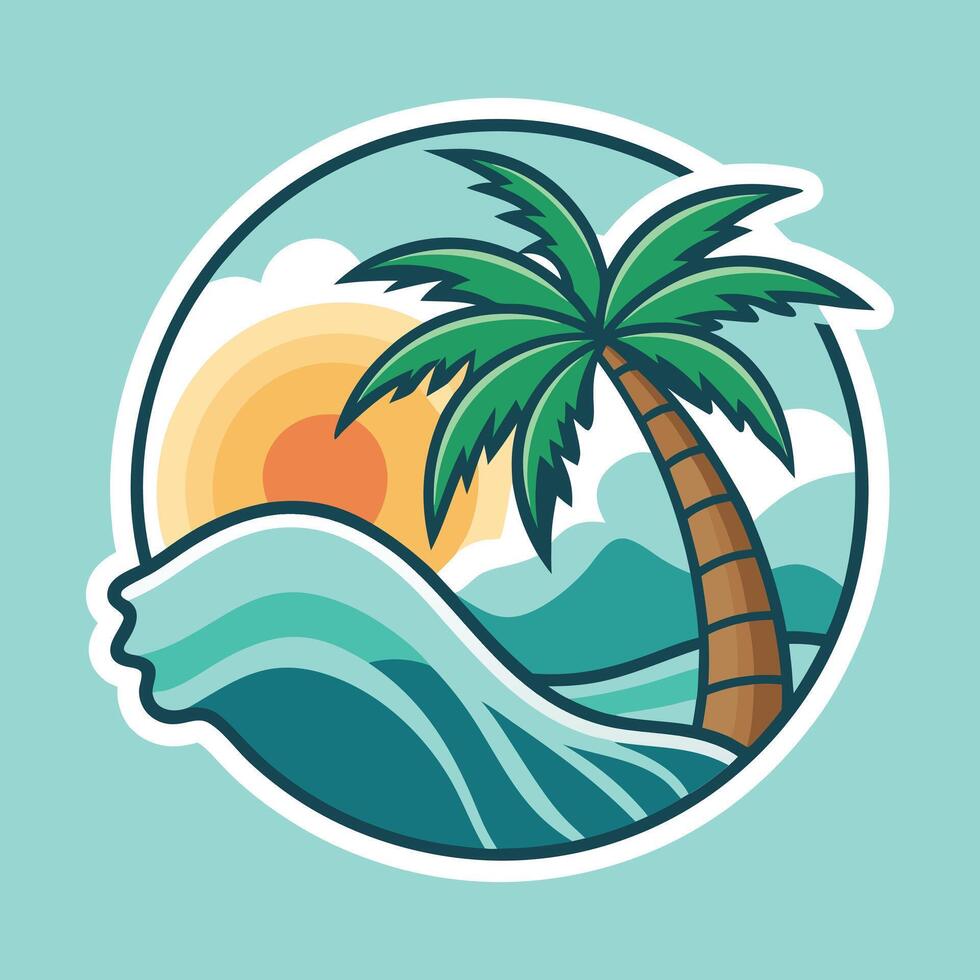 Tropical beach with palm tree and waves illustration vector
