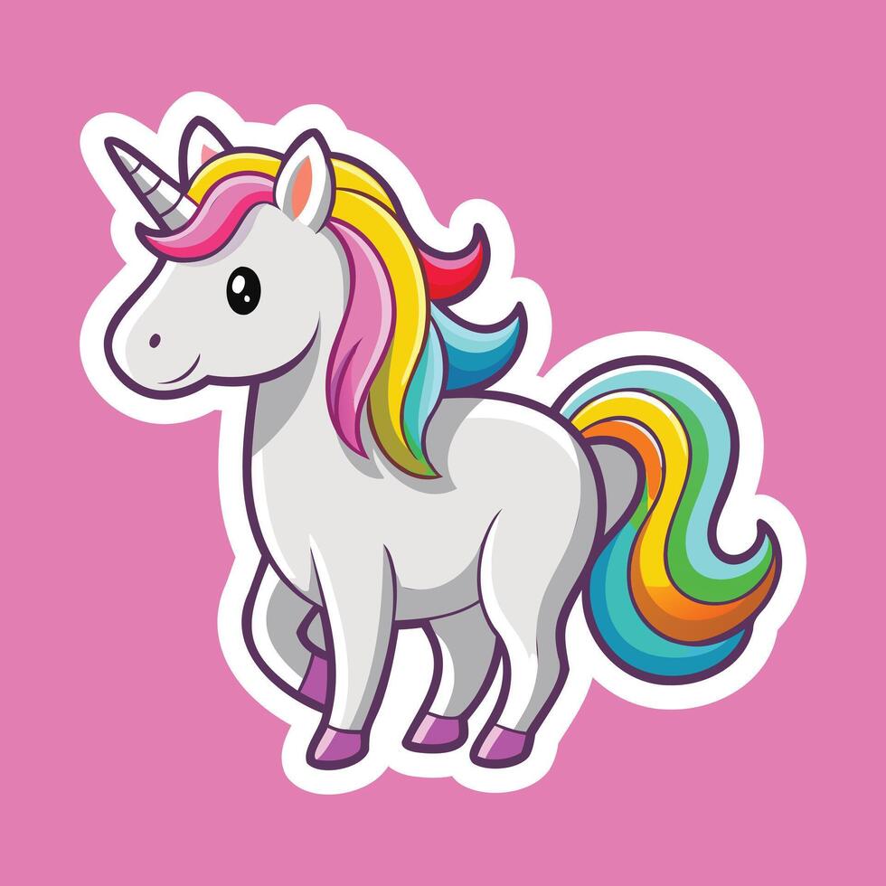 A cartoon unicorn with rainbow mane on a pink background vector