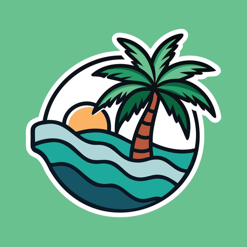 A palm tree and waves in the ocean with the sun in the background vector