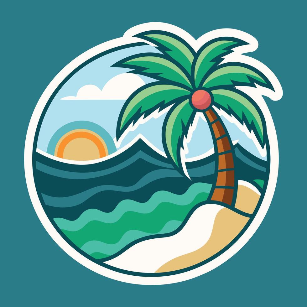 Tropical beach with palm tree and sunset illustration vector