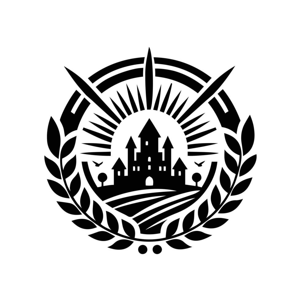 The logo for a castle in the middle of a laurel wreath vector