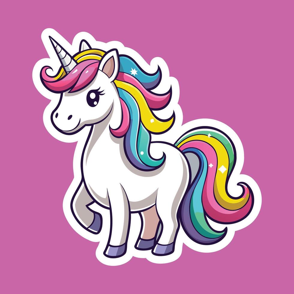 A cartoon unicorn with rainbow mane on a purple background vector