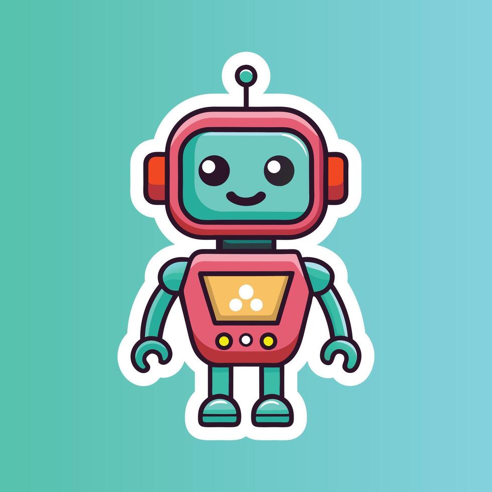 A cartoon robot sticker on a blue background vector