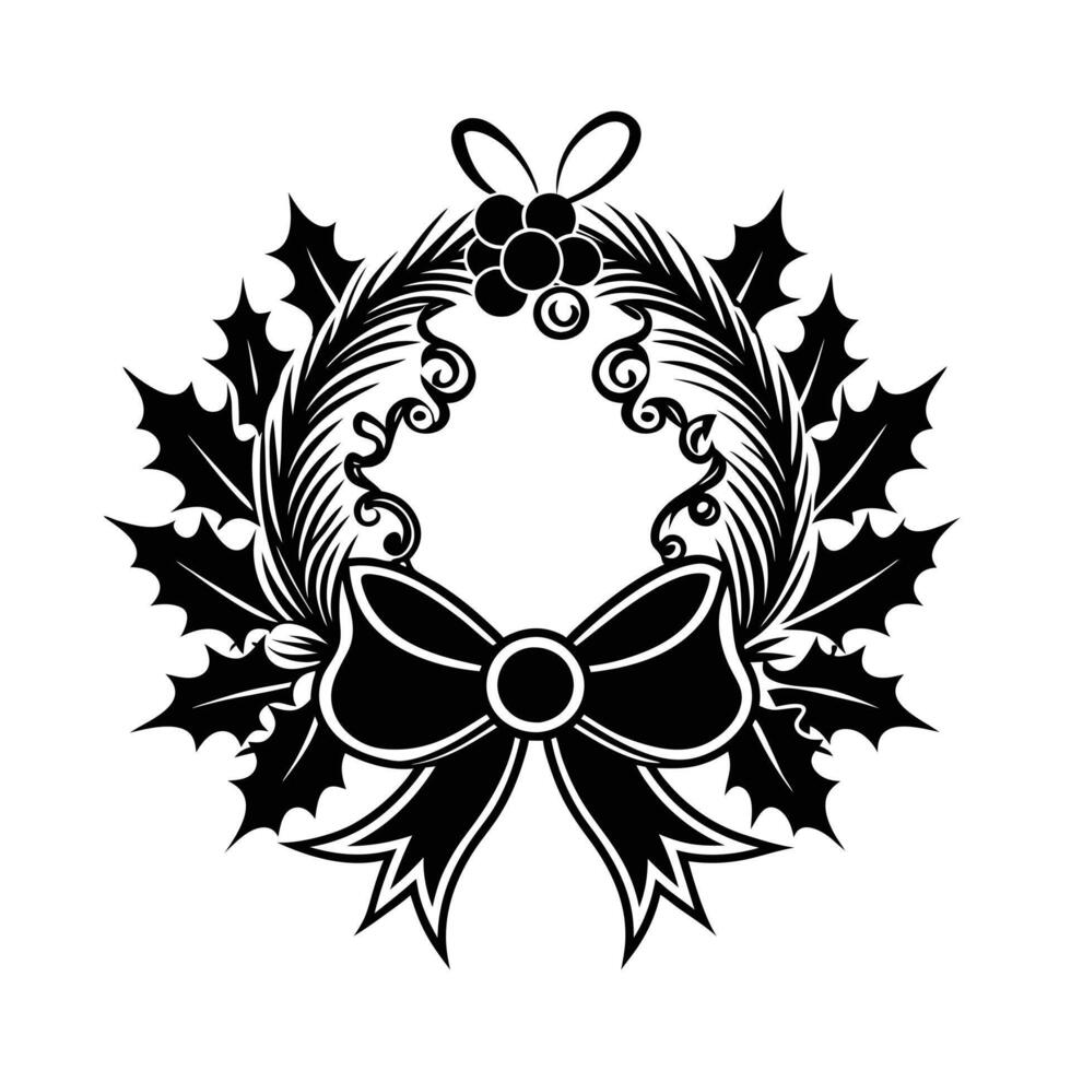 Christmas wreath with holly and bow vector