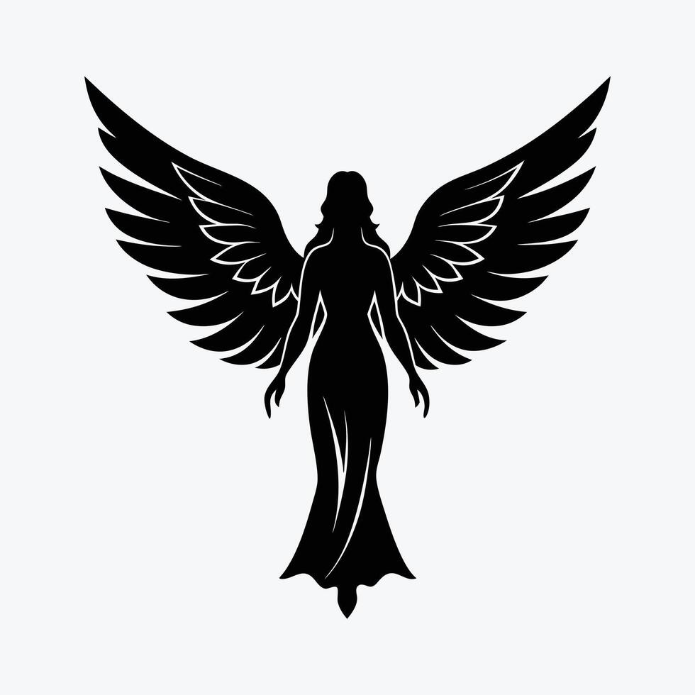 A black silhouette of an angel with wings vector