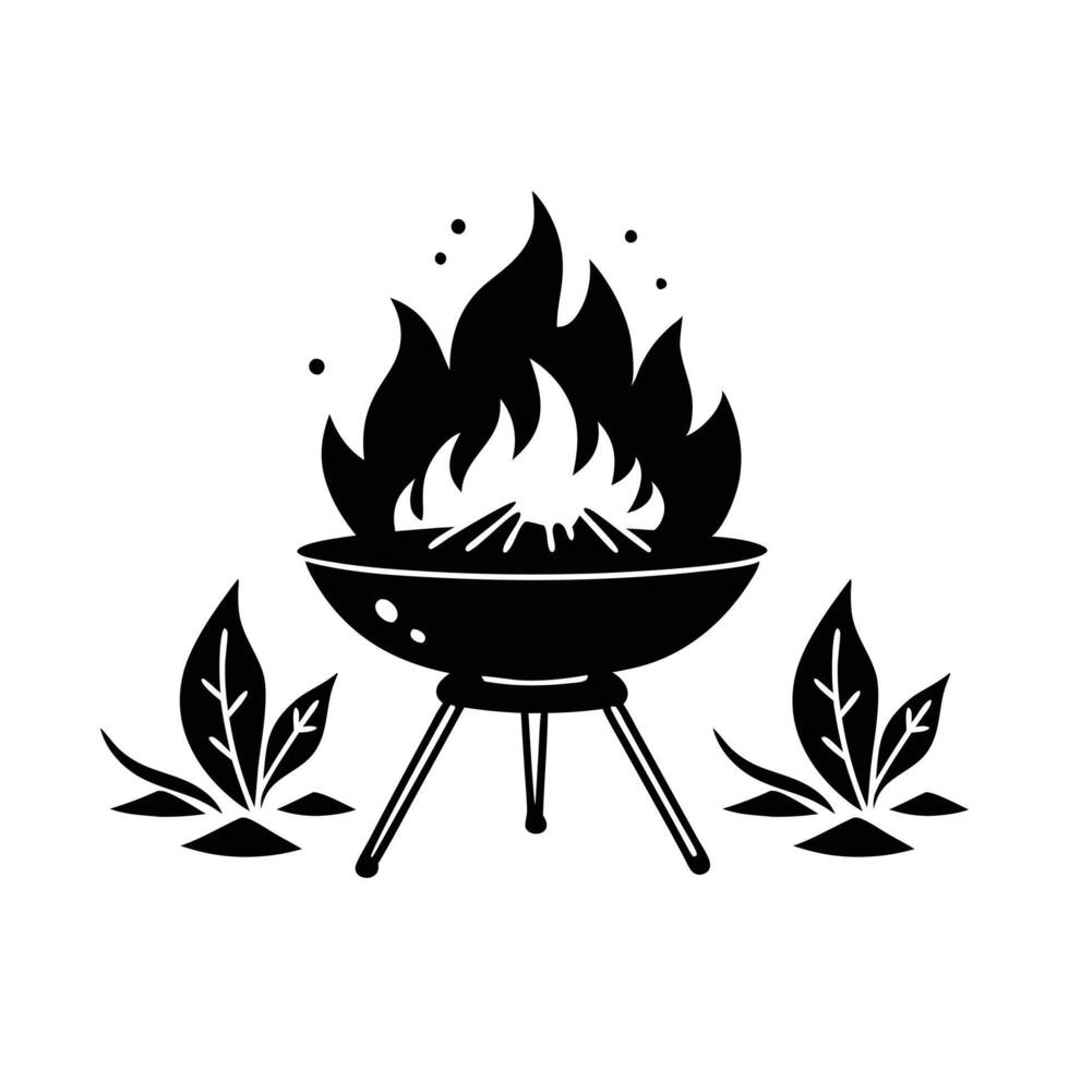 Barbecue grill with fire and leaves illustration vector
