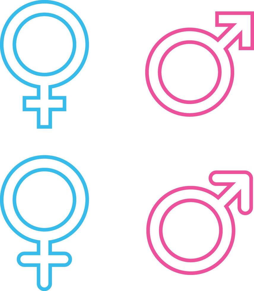 Gender symbols. Male, female sex sign gender equality icon in line set for apps or website arrow up and down position men women toilet WC design isolated on vector