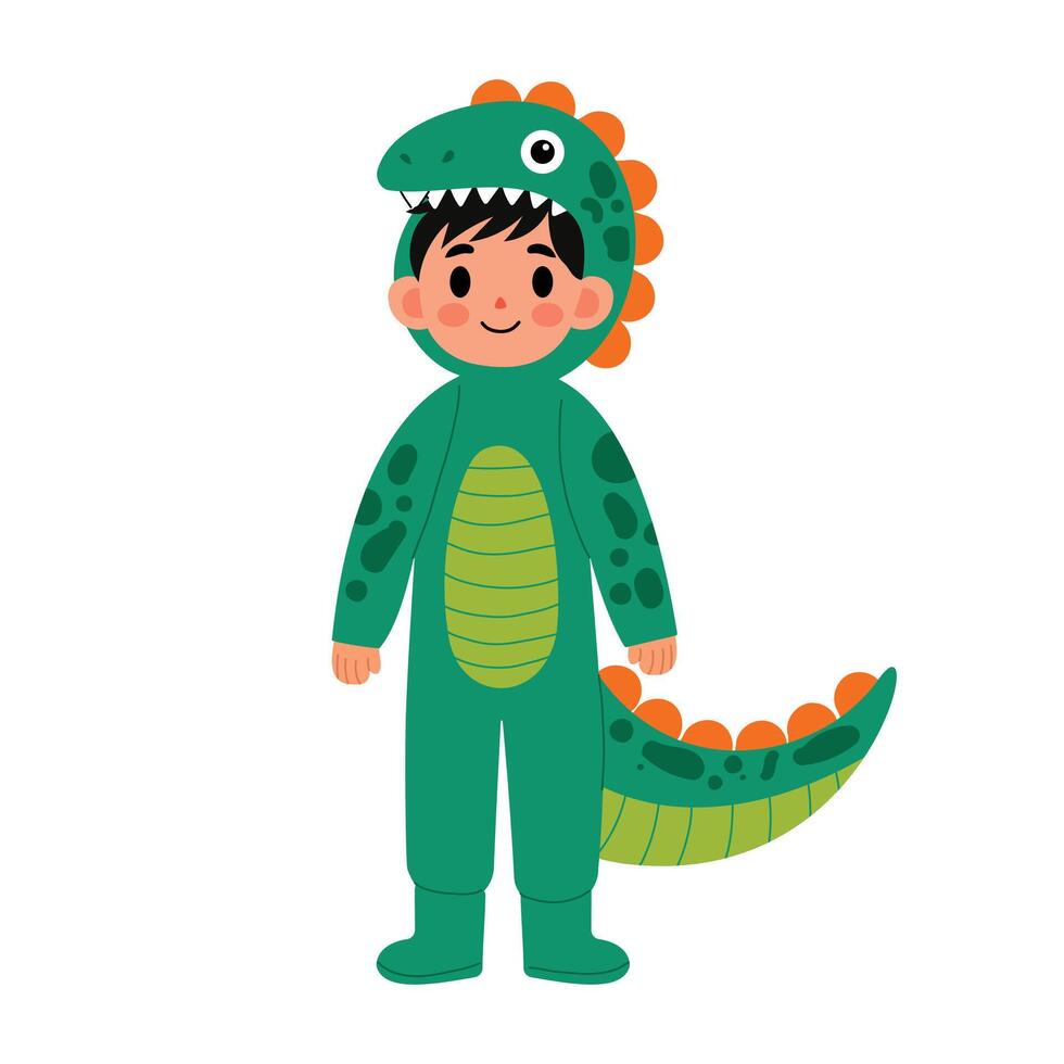Cute child disguised in a dinosaur carnival costume. Child in festive outfit for Halloween. Flat graphic illustration isolated on white background. vector