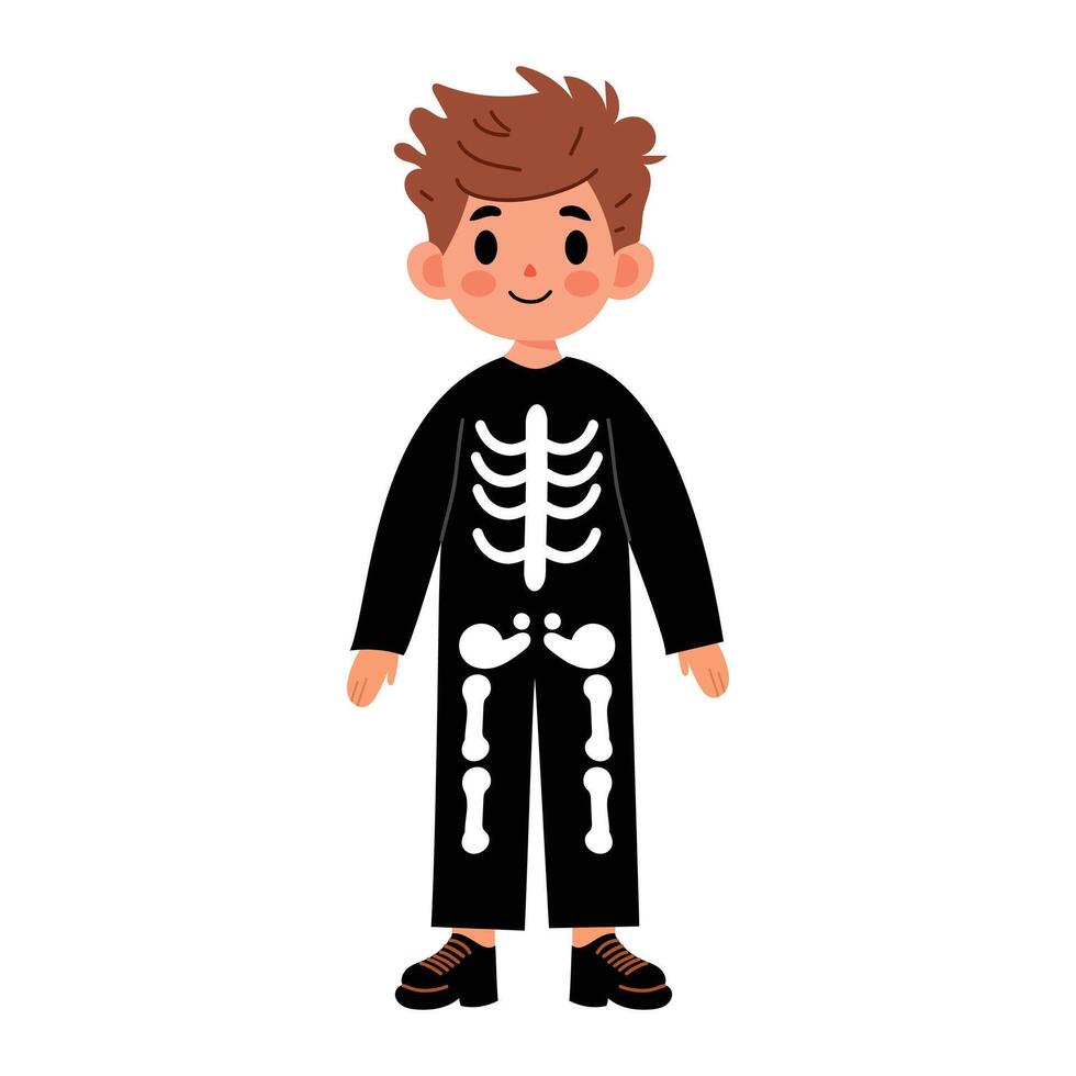 Cute kid dressed up in a skeleton carnival costume. Child in festive outfit for Halloween. Flat graphic illustration isolated on white background. vector