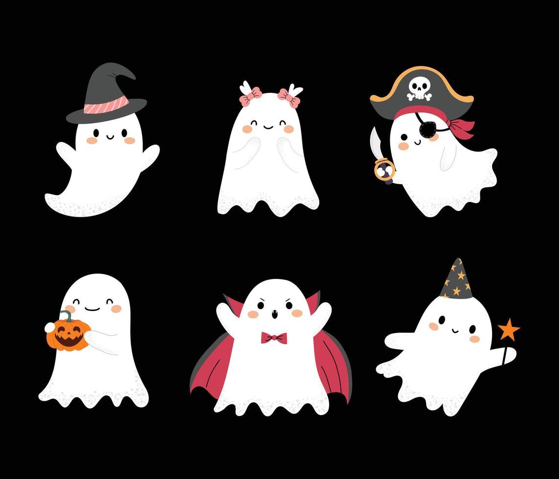 Collection of cute ghosts isolated on black background. Ghosts in various costumes for Halloween. flat illustration in hand drawn style. vector