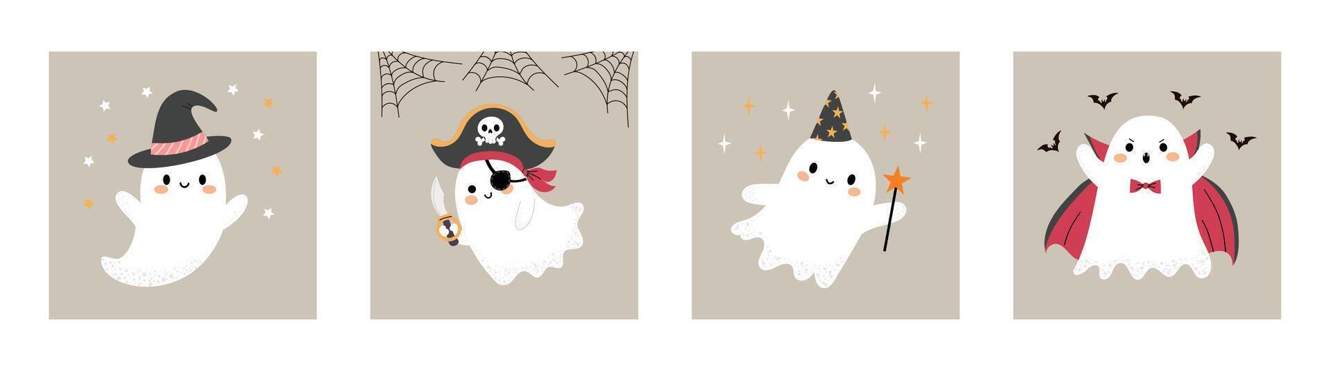 Ghost postcard set. Halloween cute ghosts in different characters. Phantom wizard, vampire, pirate. illustration on white isolated background. Hand drawn style. vector
