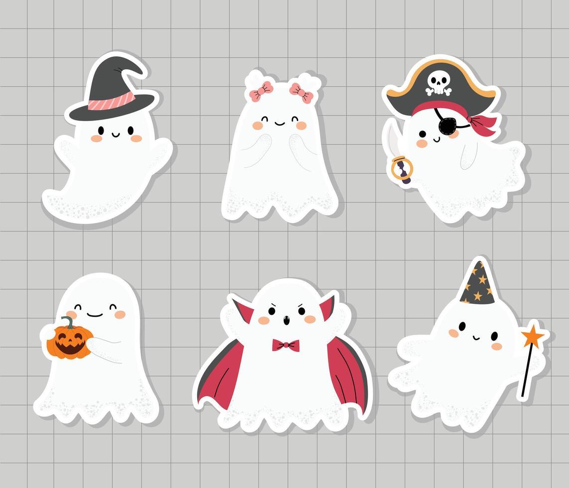 Cute ghost stickers set. Ghosts in various costumes for Halloween. flat illustration in hand drawn style isolated on checkered background. vector