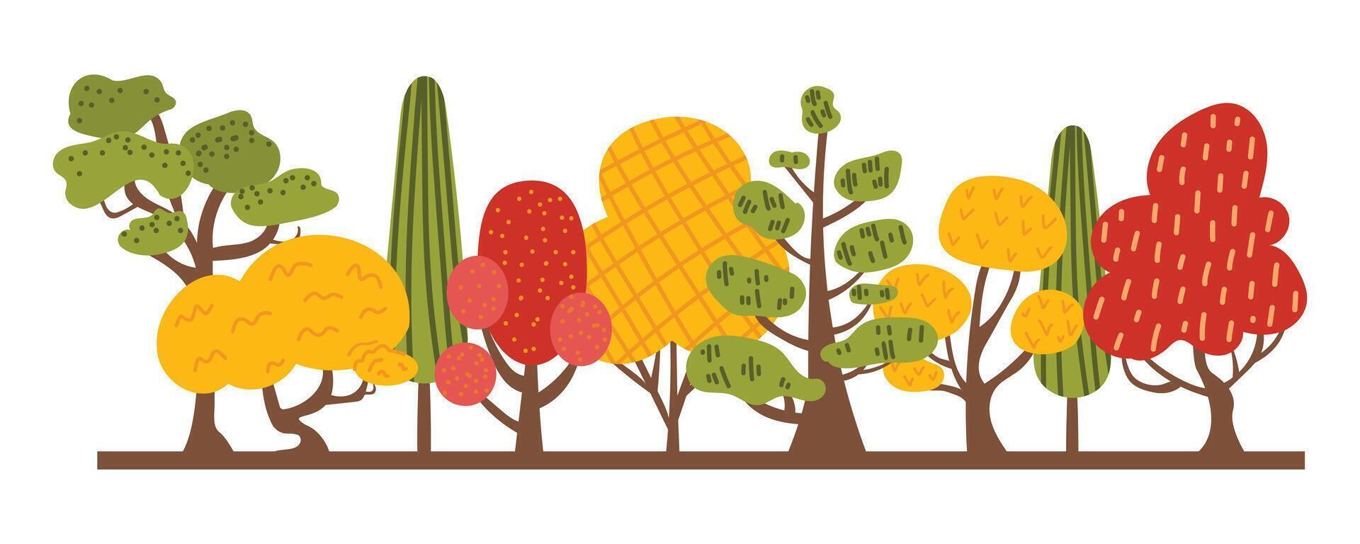 Landscape of cute trees in the flat hand drawn style.Autumn border of trees. Fall season. illustration on white isolated background. vector