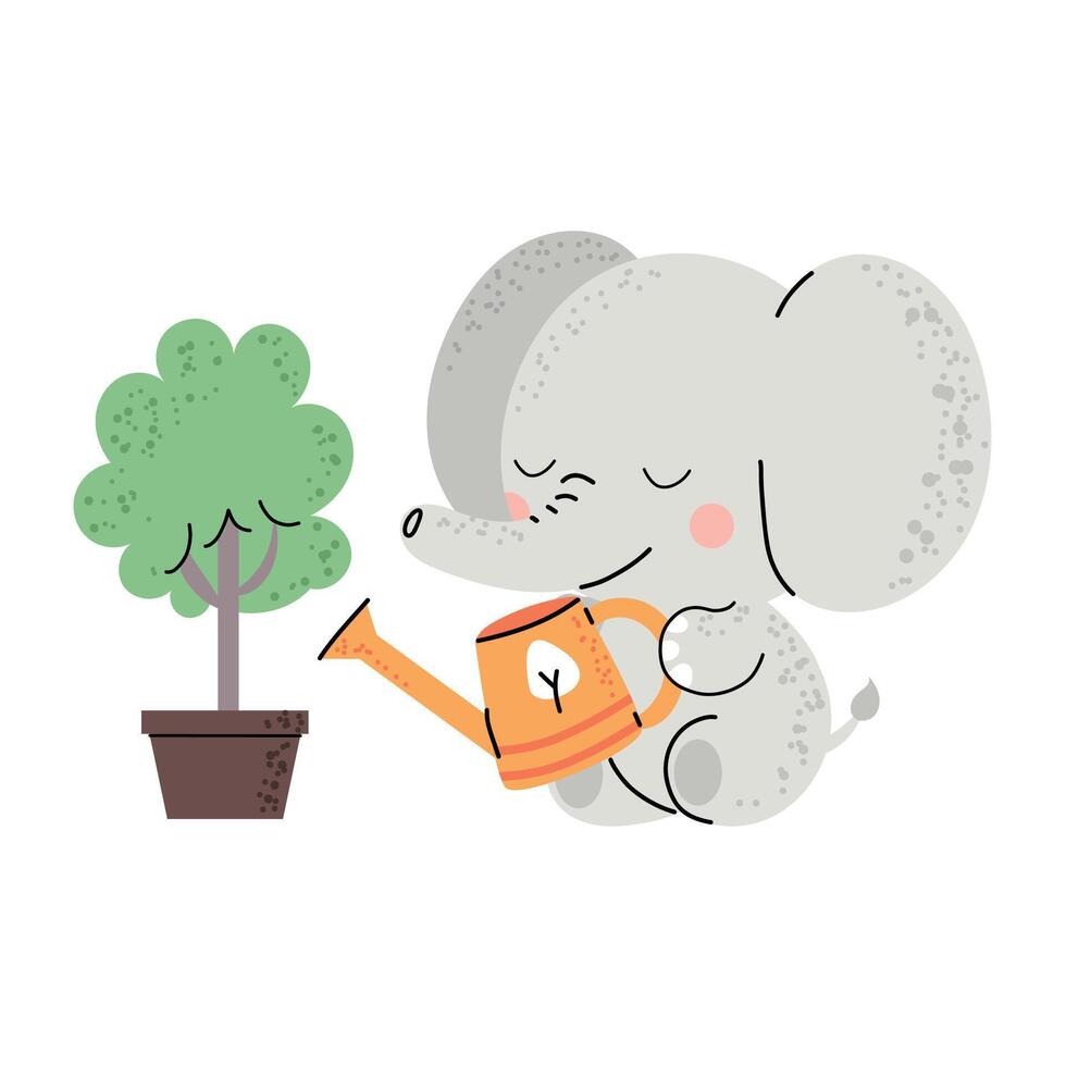 Cute elephant watering a tree with a watering can. Tree planting, environmental care, green planet concept. Flat childish illustration isolated on white background. vector
