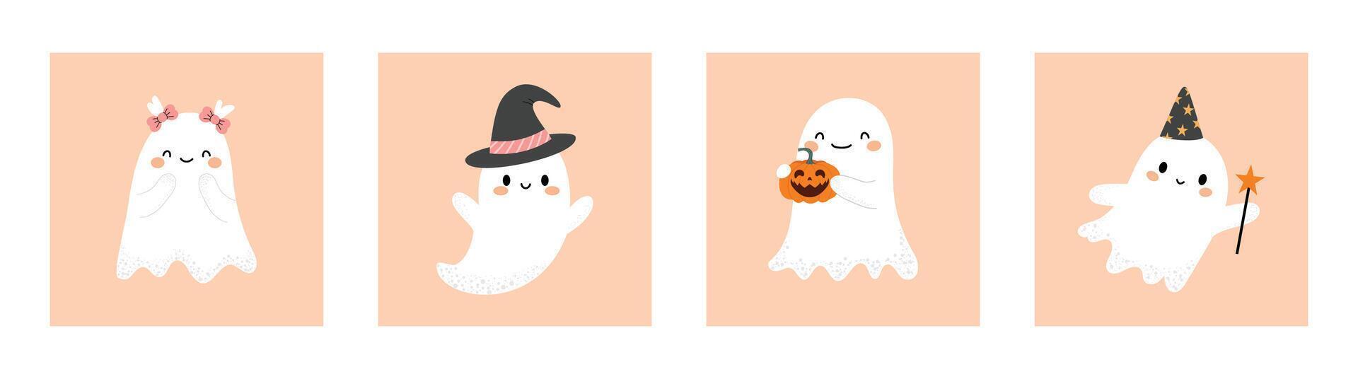 Cute ghost set. Halloween postcard collection with different ghosts. Concept of mystical drawings for decoration. Flat illustration on white isolated background. vector