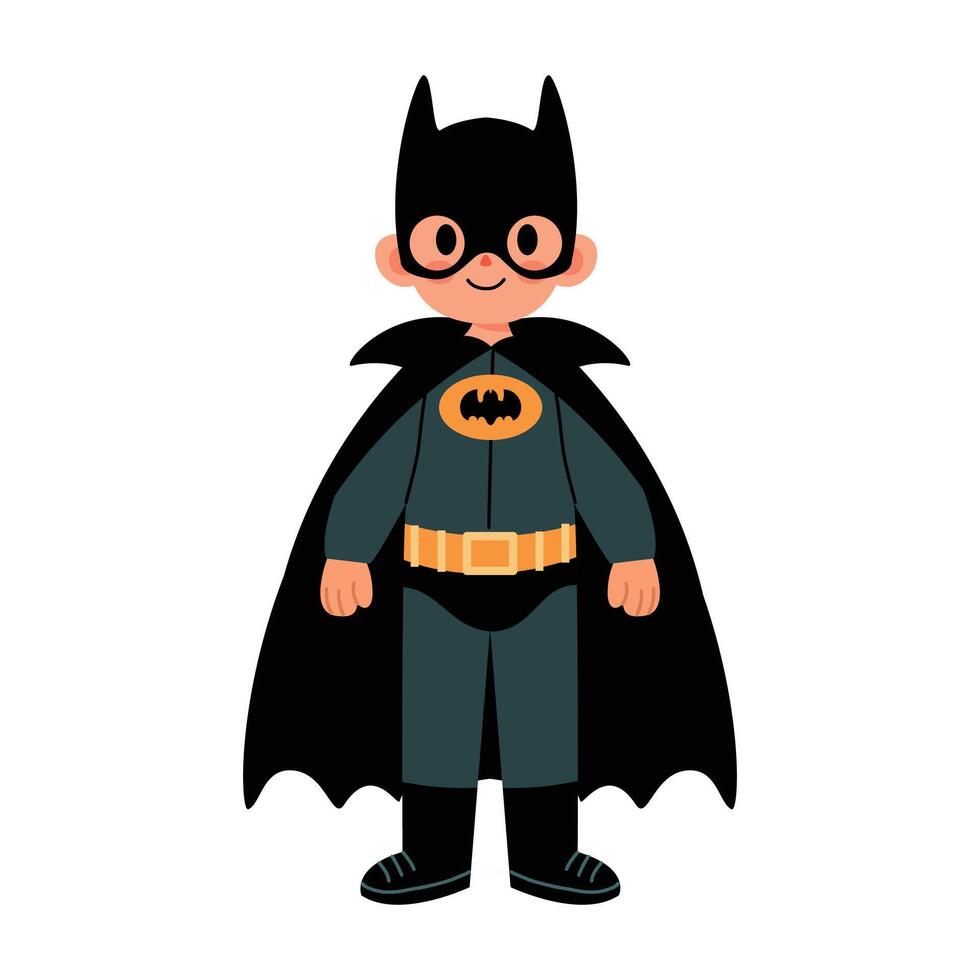 Cute boy in carnival costume for holiday party. Costume with black cape for Halloween. Flat illustration isolated on white background. vector