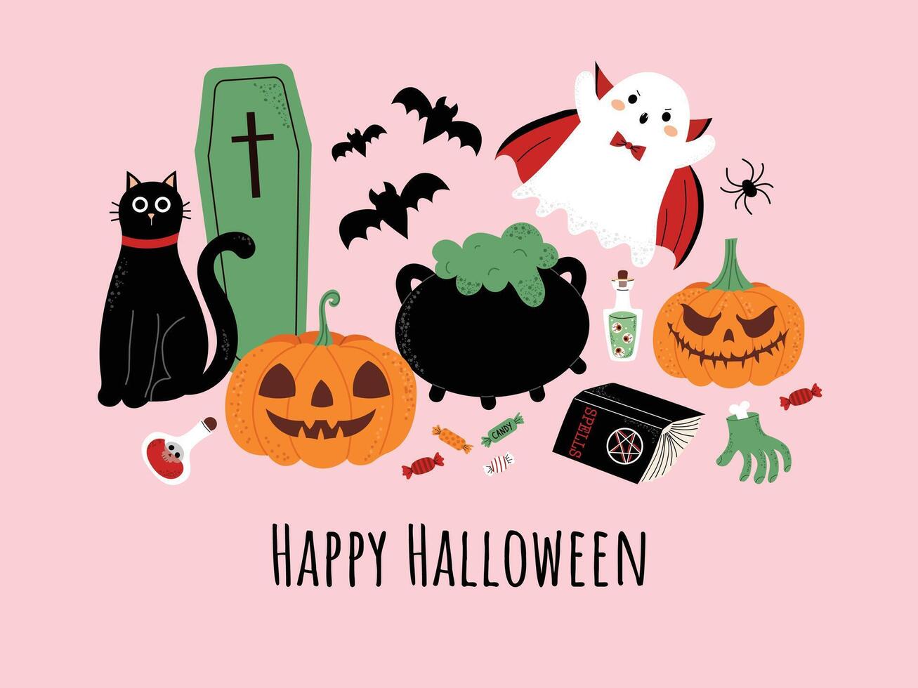 Happy Halloween card design with cute spooky characters. Friendly ghost, pumpkins, and magic elements. October holiday, Trick or Treat. Flat illustration isolated on pastel background. vector