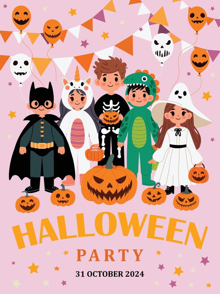 Halloween party cute poster with pumpkins, kids in unicorn, witch, skeleton, dinosaur costumes. Halloween poster design template with holiday symbols. Kids flat graphic illustration isolated. vector