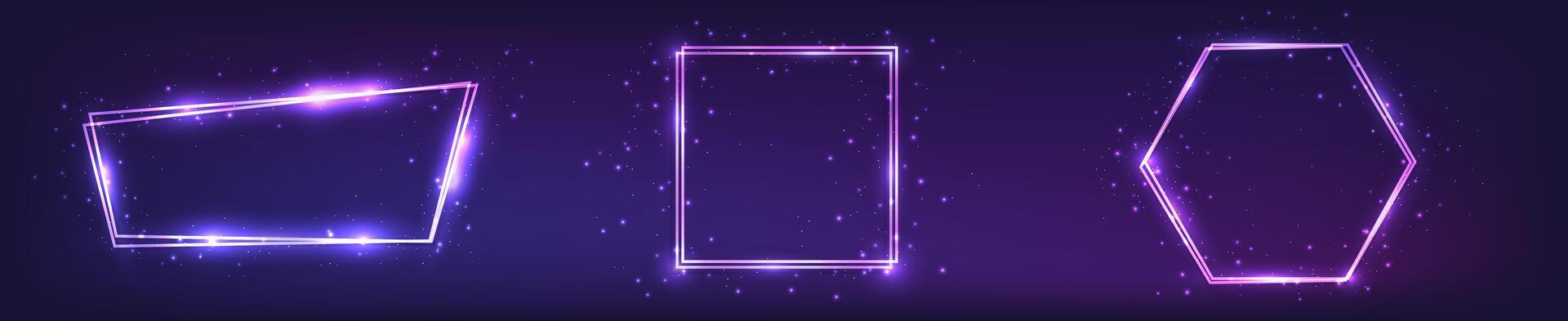 Set of three neon double frames with shining effects vector