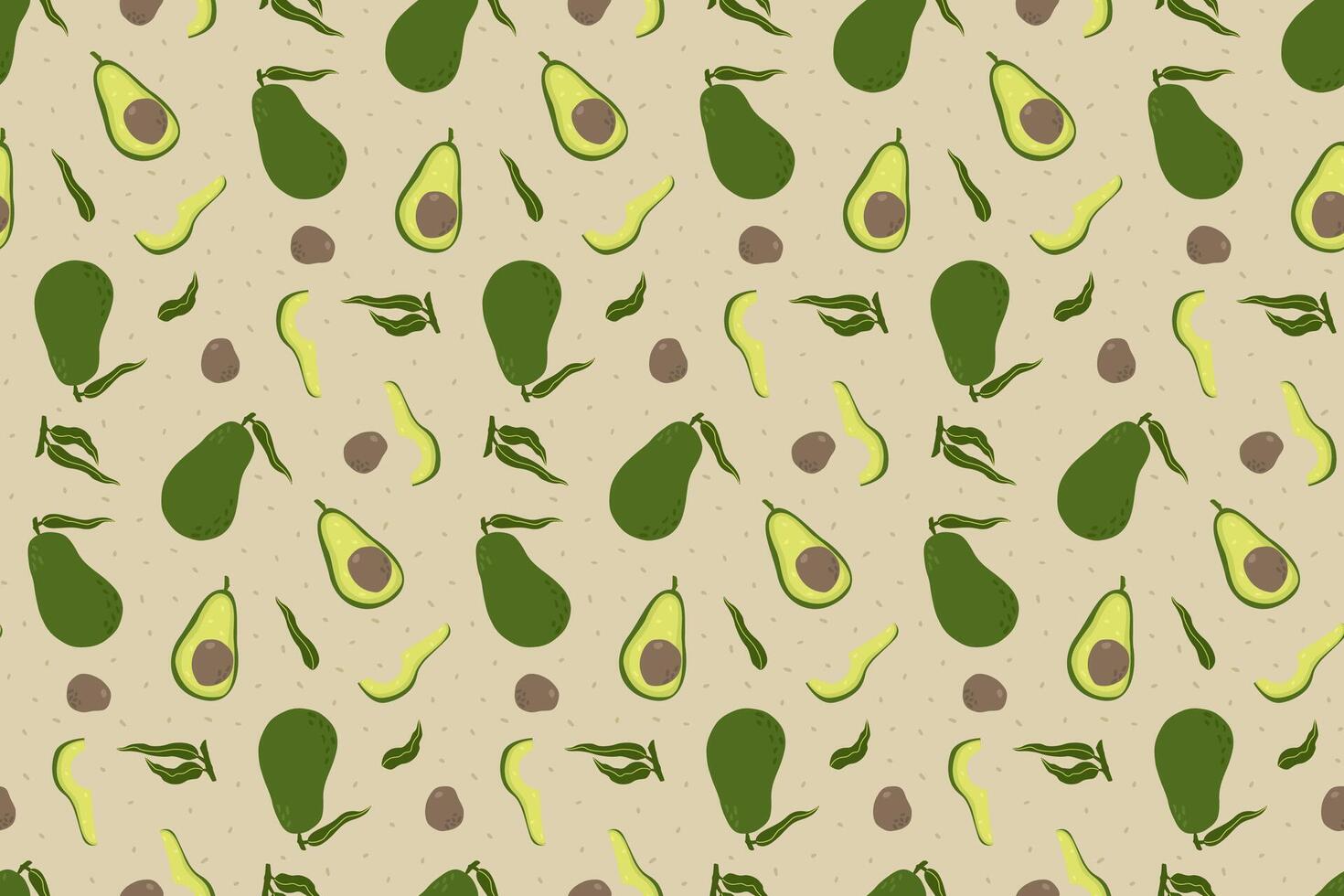 Hand drawn avocado seamless pattern. Whole, halved and sliced ripe fruit on beige background. Illustration in sketch style for healthy food concept, background, wrapping, textile, banner vector