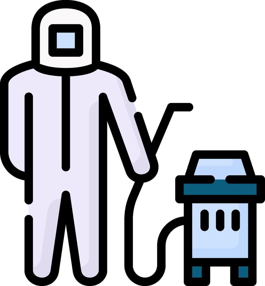 A man in a white suit and protective gear is holding a vacuum cleaner vector