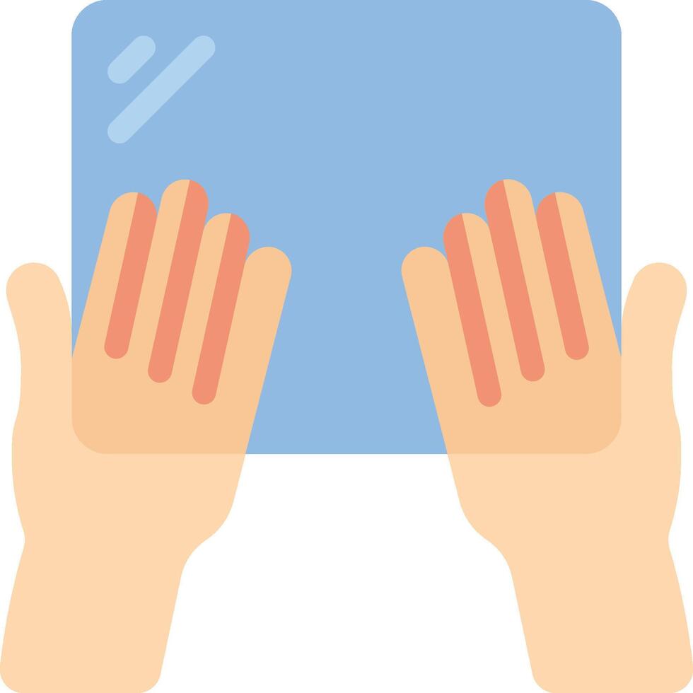 Hands holding a tablet with a blue screen vector