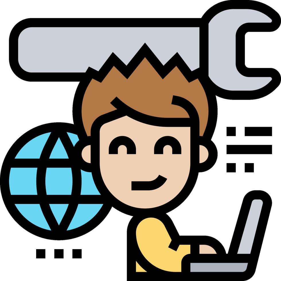 A man with a laptop and wrench on his head vector