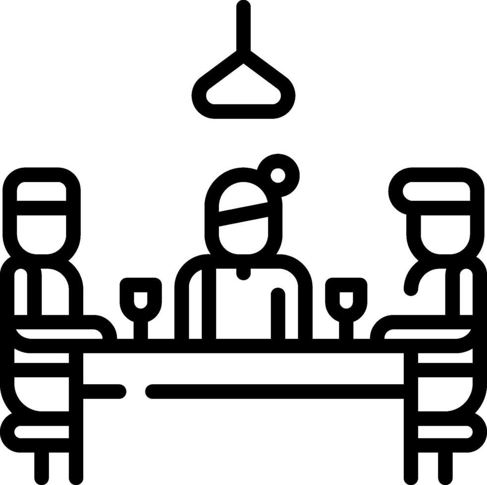 A black and white line icon of people sitting at a table vector