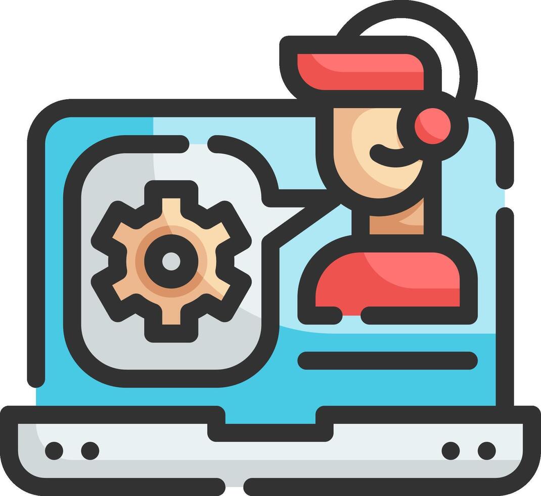 A customer service agent is on a laptop with a gear wheel vector