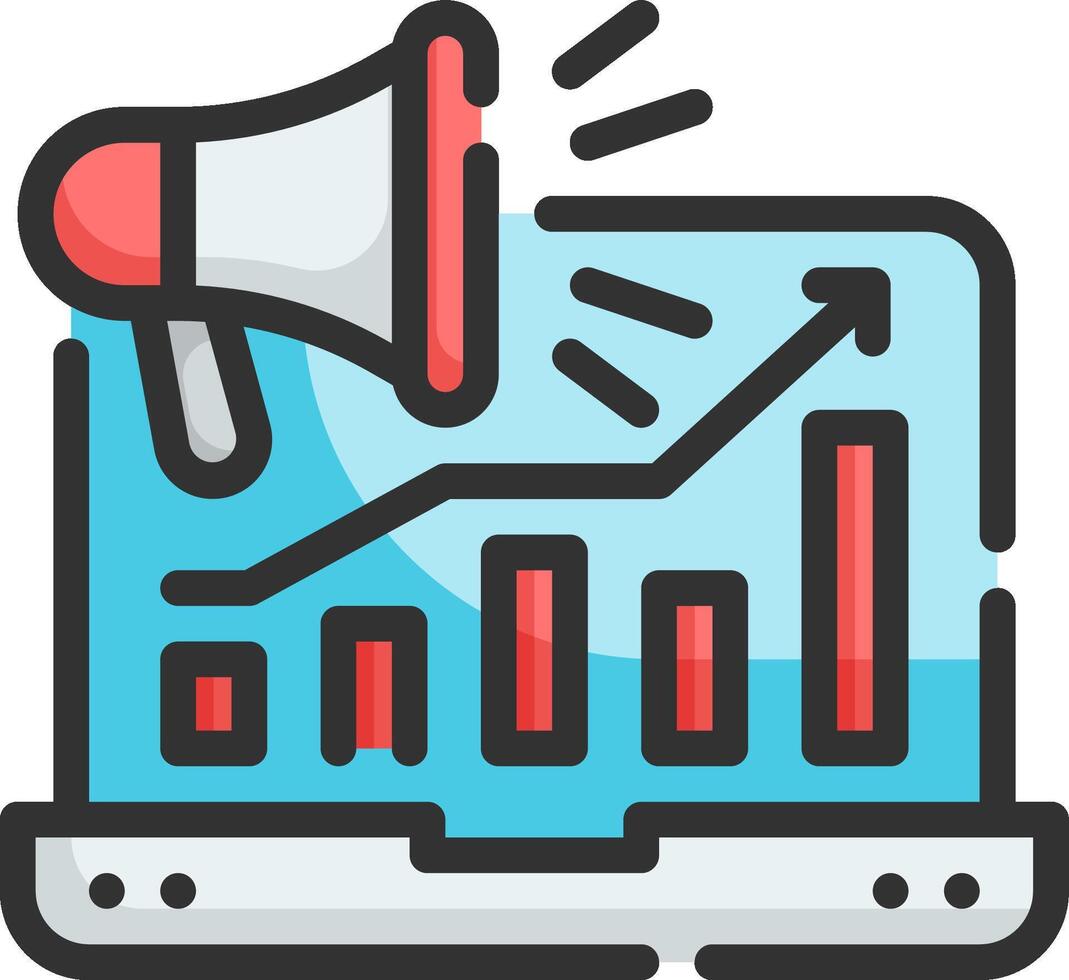 An icon of a laptop with a megaphone and a graph vector