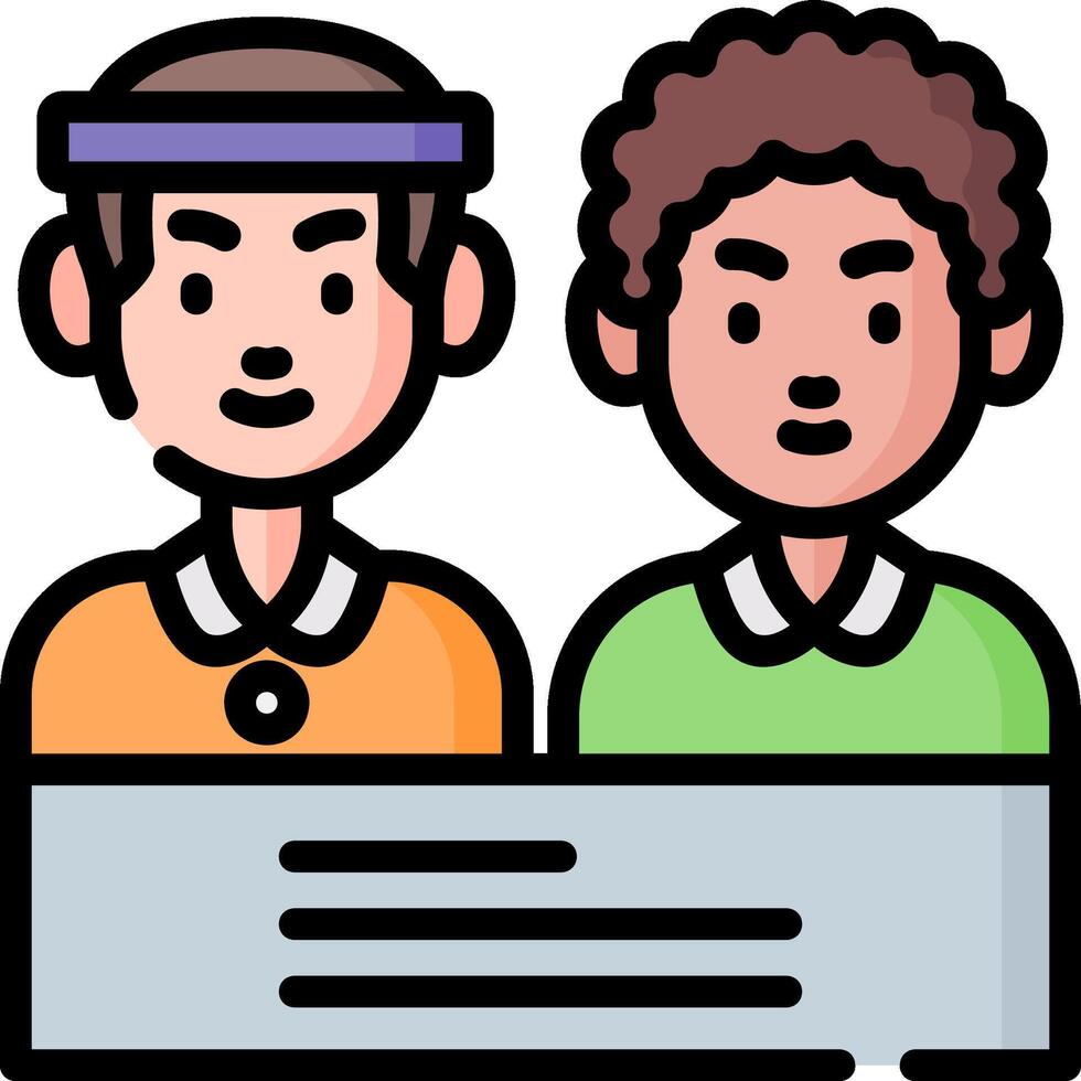 Two men sitting at a table with a sign vector