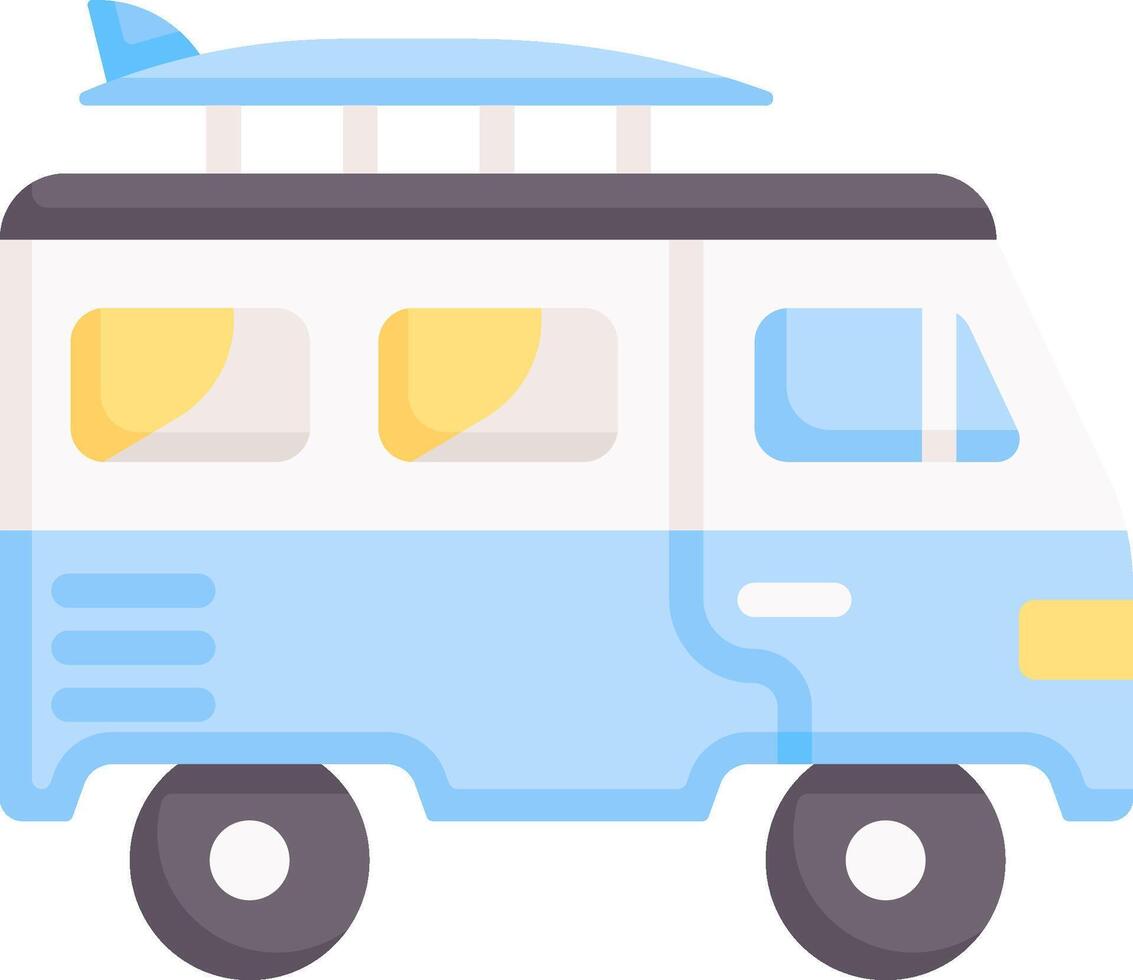 A van with a surfboard on top of it vector
